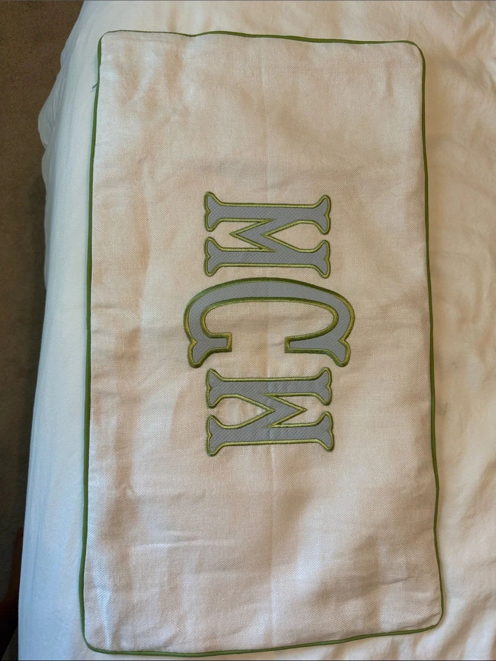 Monogrammed White Linen Pillow Sham with Green Trim 13X23